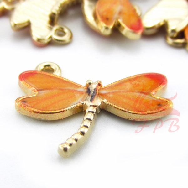 2 Salmon Pink Dragonfly Charms 22mm Wholesale Gold Plated Enamel Pendants EC0101920