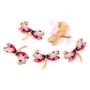 2 Fuchsia Dragonfly Charms 22mm Wholesale Gold Plated Enamel Pendants EC0101919