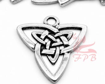 May include: A silver-toned metal charm featuring an intricate triquetra knot design enclosed within a triangular frame. The charm includes a small circular loop at the top for attachment. The surface has a weathered, antiqued finish.
