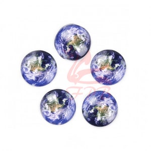 May include: Six round glass cabochons with a printed image of the Earth. The cabochons are blue, green, and white.