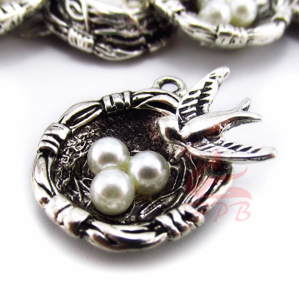 2 Bird Nest Charms 24mm Wholesale Antiqued Silver Plated Animal Pendants SC0081740