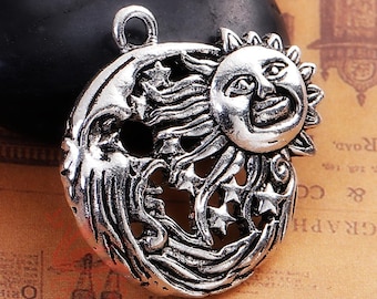 1 Sun Moon Celestial Charm 35mm Antiqued Silver Plated Astrology Pendant SC0084676
