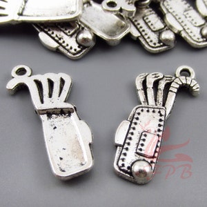 10 Golf Bag Charms 25mm Wholesale Antiqued Silver Plated Sports Pendants SC0062952