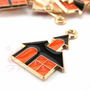 5 Haunted House Charms 22mm Wholesale Gold Plated Orange Black Enamel Pendants EC0733936