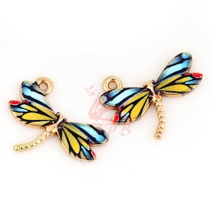 2 Blaue Libelle Charms 22 mm Großvergoldete Emaille Anhänger EC0101918