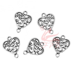 10 Heart Connector Charms 20mm Wholesale Antiqued Silver Plated Swirl Pendants SC0095834