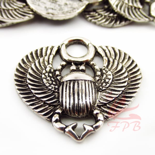 5 Egyptian Scarab Beetle Charms 27mm Wholesale Antiqued Silver Plated Egypt Pendants SC0086306