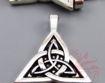 May include: Silver pendant with a triangular Celtic knot design. The knot is intricate and detailed, with a black finish. The pendant has a loop at the top for attaching to a chain.
