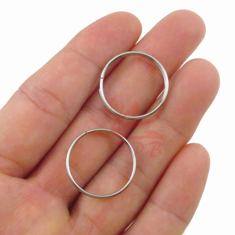 Puede incluir: Dos llaveros de plata, uno m&aacute;s grande que el otro, se sostienen en una mano. Los anillos son lisos y brillantes.