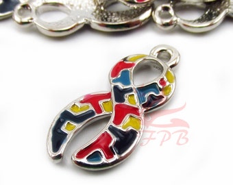 2 Autism Ribbon Charms 24mm Silver Plated Enamel Awareness Pendants For Jewelry Making EC0035252