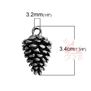 May include: Silver-toned metal pine cone charm with a loop for hanging. The charm is 3.2 mm (1/8 inch) wide and 3.4 cm (1 3/8 inch) tall.
