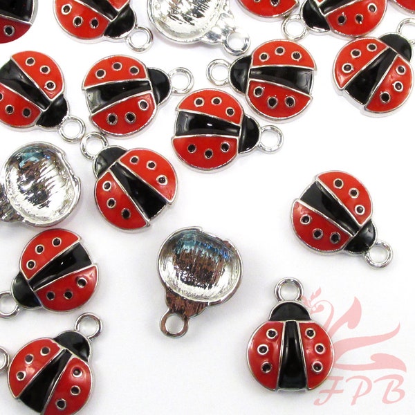 2 Ladybug Charms 18mm Enamel Pendants For Jewelry Making EC0041570