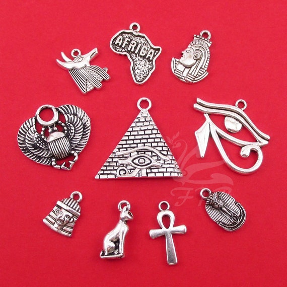 10 different antique silver tone charms The Egyptian Collection