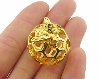 1 Honeycomb Bee Ball Pendant 29mm Gold Plated Focal Charm GP0081787