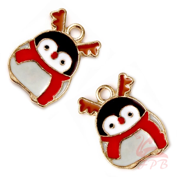 2 Penguin Charms 18mm Gold Plated Enamel Penguins With Antlers Christmas Winter Pendants EC734967