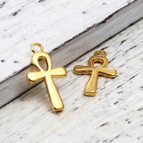 10 Ankh Cross Charms 22mm Wholesale Antiqued Gold Plated Egyptian Pendants GC0248735