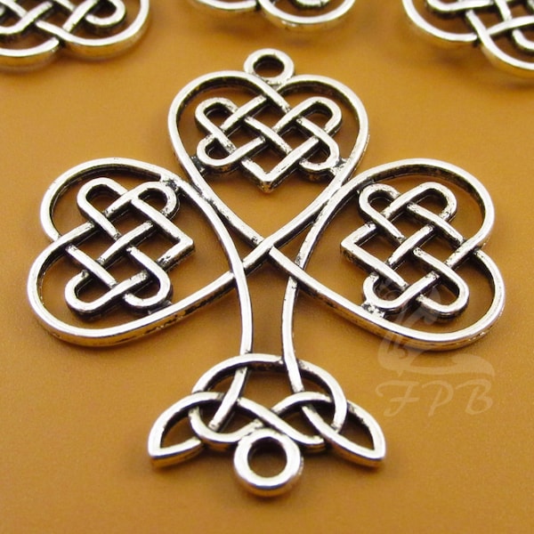 2 Celtic Shamrock Connector Charms 46mm Wholesale Antiqued Silver Plated Clover Pendants SC0102655