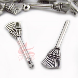 10 Broom Charms 26mm Antiqued Silver Plated Pendants SC0028456