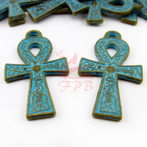 2 Egyptian Ankh Charms 37mm Wholesale Antiqued Bronze Turquoise Patina Hieroglyph Pendants BC0084176