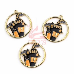 1 Black Haunted House Charms 24mm Wholesale Enamel Gold Plated Halloween Pendant SC0719911