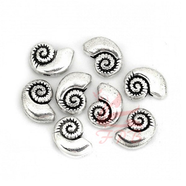 10 Nautilus Seashell Spacer Beads 11mm Wholesale Antiqued Silver Plated Conch Shell Ocean Beach Metal Beads SB125700