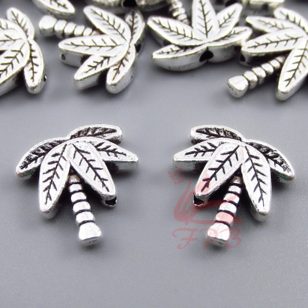 10 Palm Tree Beads 14mm Wholesale Antiqued Silver Plated Beach Spacer Beads SB0105490