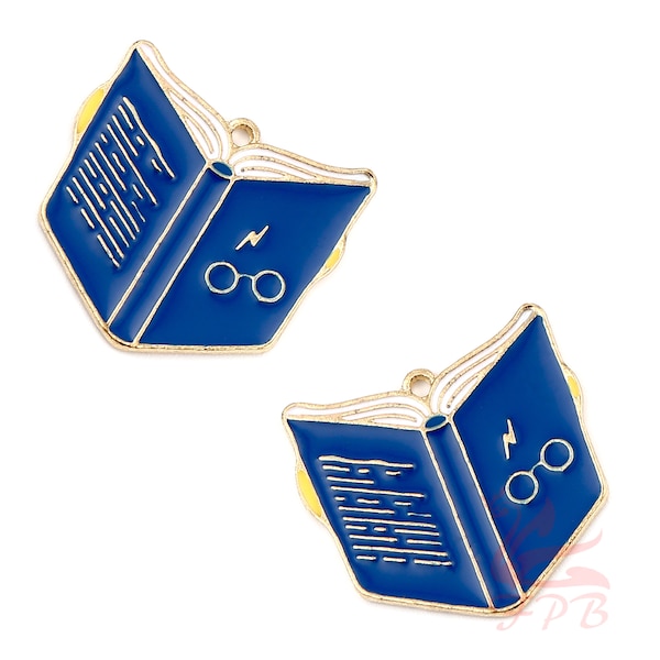 2 Book Charms 25mm Gold Plated Blue Enamel Lightning Bolt And Glasses Pendants EC0656086