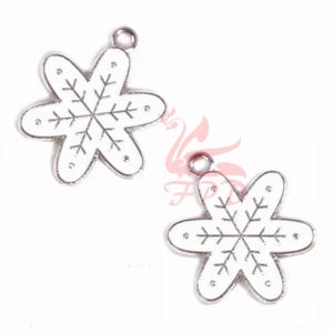 5 Snowflake Charms 24mm White Enamel Silver Plated Winter Pendants EC941511
