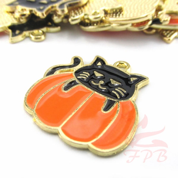 2 Black Cat Pumpkin Charms 21mm Orange Enamel Gold Plated Pendants EC0719893