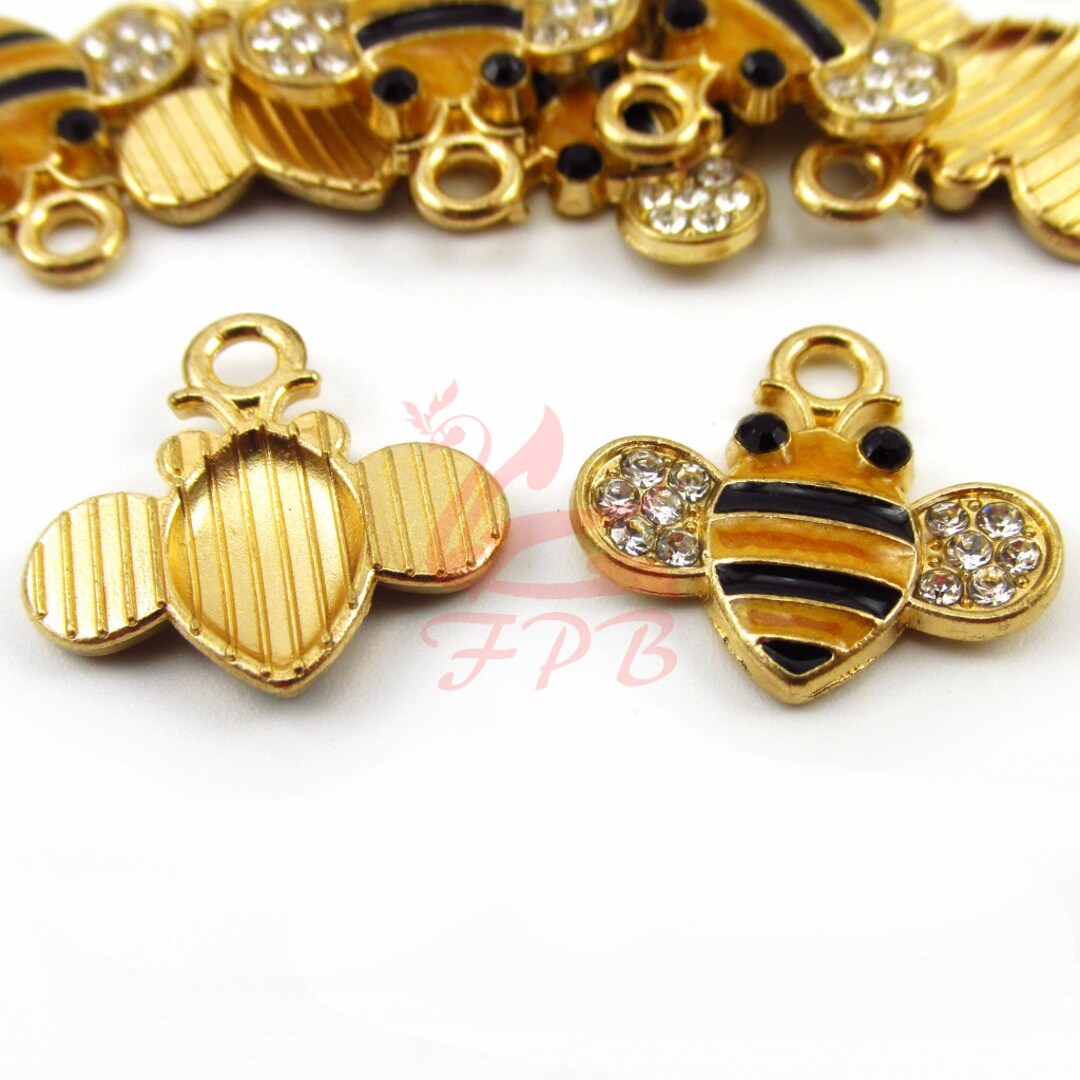 2 Bumble Bee Charms 18mm Gold Plated Rhinestone and Enamel Charms for ...