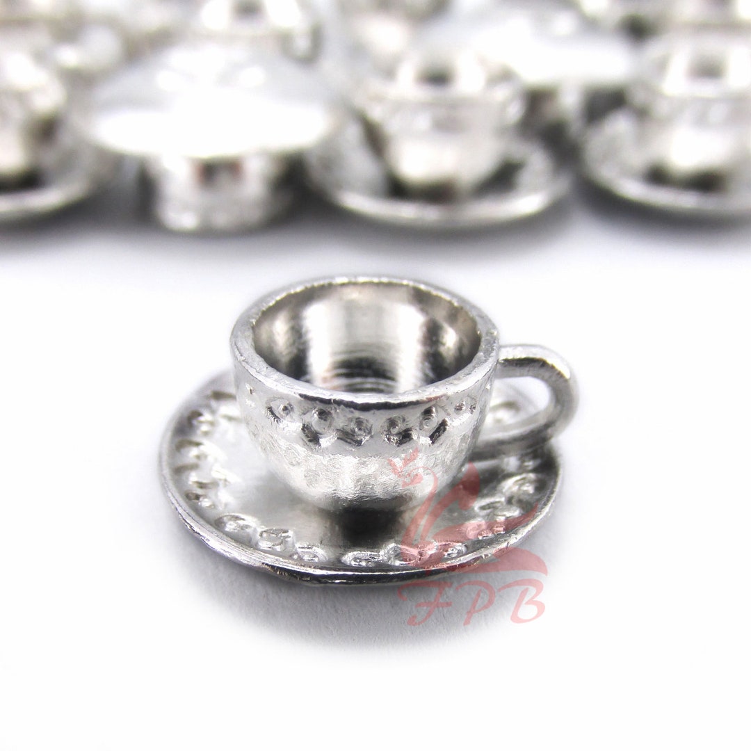 5 Teacup Charms 14mm Wholesale Alice in Wonderland Tea Party Silver