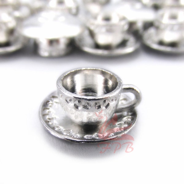 5 Teacup Charms 14mm Wholesale Alice In Wonderland Tea Party Silver Plated Pendants BC0021973
