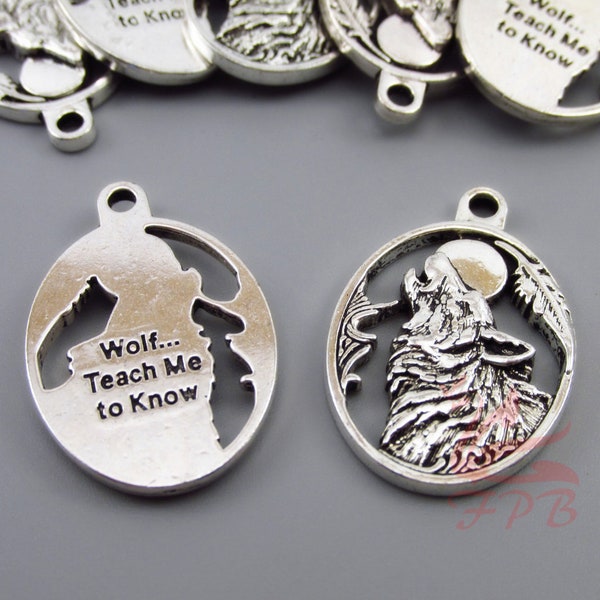 5 Howling Wolf Charms 28mm Wholesale Antiqued Silver Plated Animal Pendants SC0088147