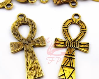 2 Egyptian Ankh Cross Charms 41mm Wholesale Antiqued Gold Plated Egypt Pendants GC0086299