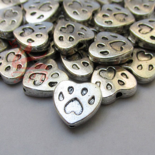 10 Heart Animal Paw Beads 12mm Wholesale Antiqued Silver Plated Spacer Beads SB0101231