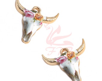 2 Bull Skull Charms 25mm Pink Yellow Gold Plated Enamel Cow Steer Skull Pendants EC0152573
