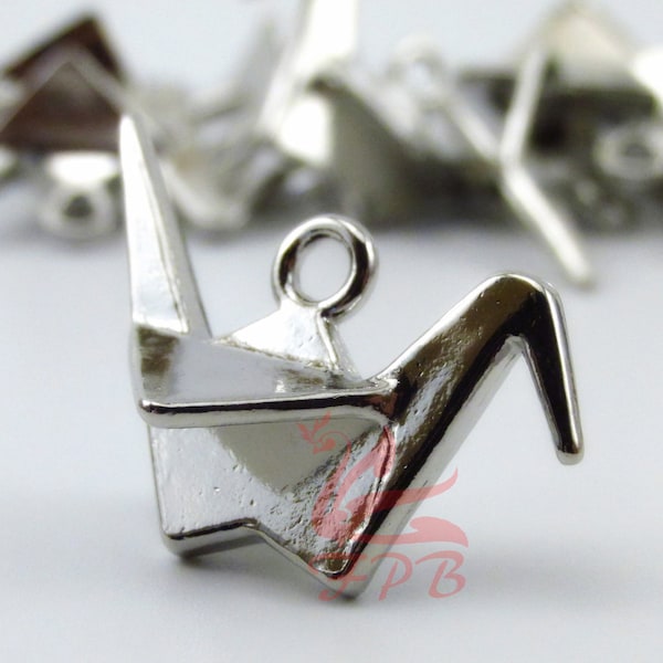 5 Origami Crane Charms 27mm Silver Plated Paper Origami Pendants SC0082676