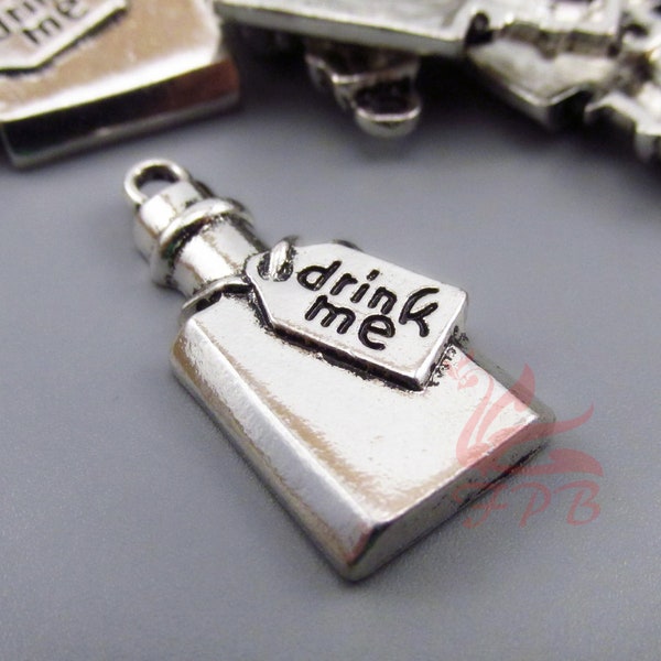 2 Drink Me Charms 28mm Wholesale Antiqued Silver Alice In Wonderland Pendants SC0065305