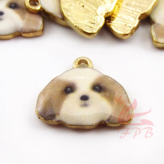 Shih Tzu Dog Charms 16mm Wholesale Gold Plated Enamel Puppy