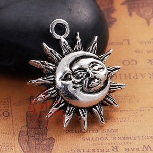 2 Sun And Moon Charms 29mm Antiqued Silver Plated Celestial Pendants SC0084672