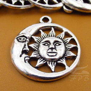 5 Sun And Moon Charms 30mm Wholesale Antiqued Silver Plated Celestial Pendants SC0081703
