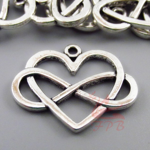 2 Infinite Love Heart Charms 27mm Antiqued Silver Plated Infinity Symbol Pendants SC0104479