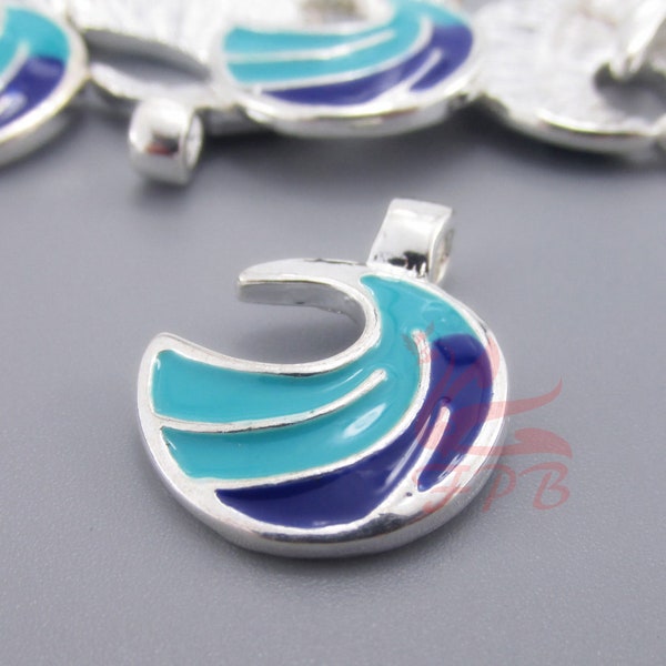 2 Blue Ocean Wave Charms 20mm Silver Plated Enamel Pendants EC0097779