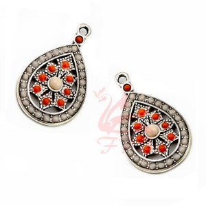 1 Red Teardrop Charm 29mm Mandala Design Antiqued Silver Plated Resin Pendant EC662010