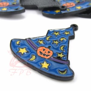 1 Halloween Witch Hat Charm 27mm Pumpkin Stars Moon Blue Enamel Gold Plated Pendant SC0719918