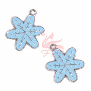 5 Snowflake Charms 24mm Blue Enamel Silver Plated Winter Pendants EC941515