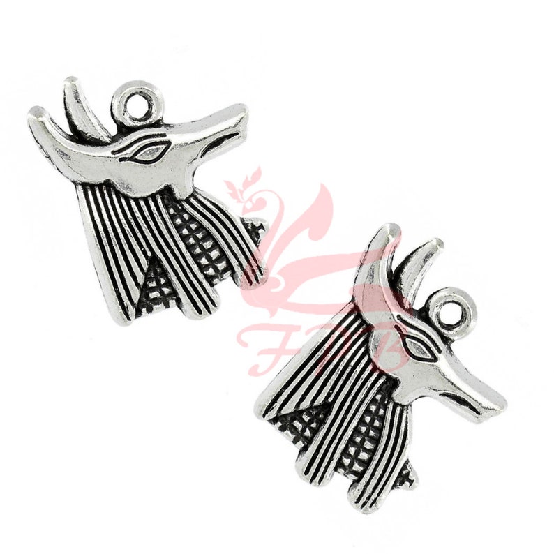 May include: Two silver charm pendants in the shape of an Anubis head. The pendants have a detailed design with a textured surface.