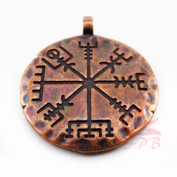 1 Viking Compass Pendant 36mm Large Antiqued Copper Runic Vegvísir Pendants CP0082802
