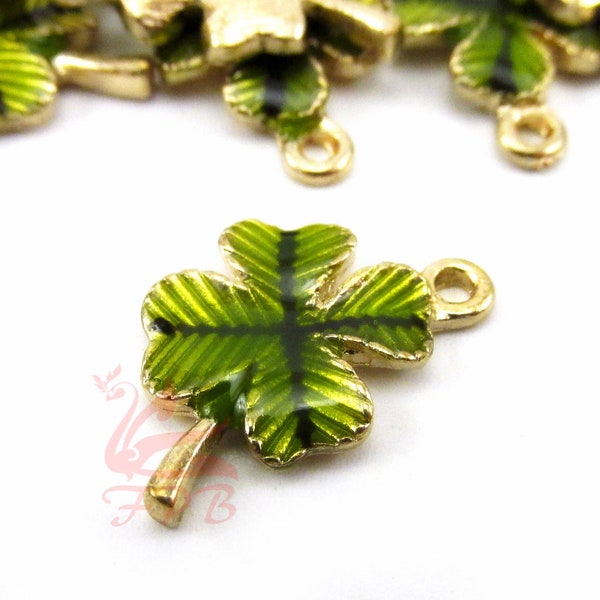 2 Four Leaf Clover Charms 18mm Green Enamel Pendants For Jewelry Making EC0110972