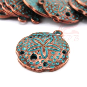 5 Sand Dollar Charms 25mm Wholesale Antiqued Copper Turquoise Patina Pendants CC826822